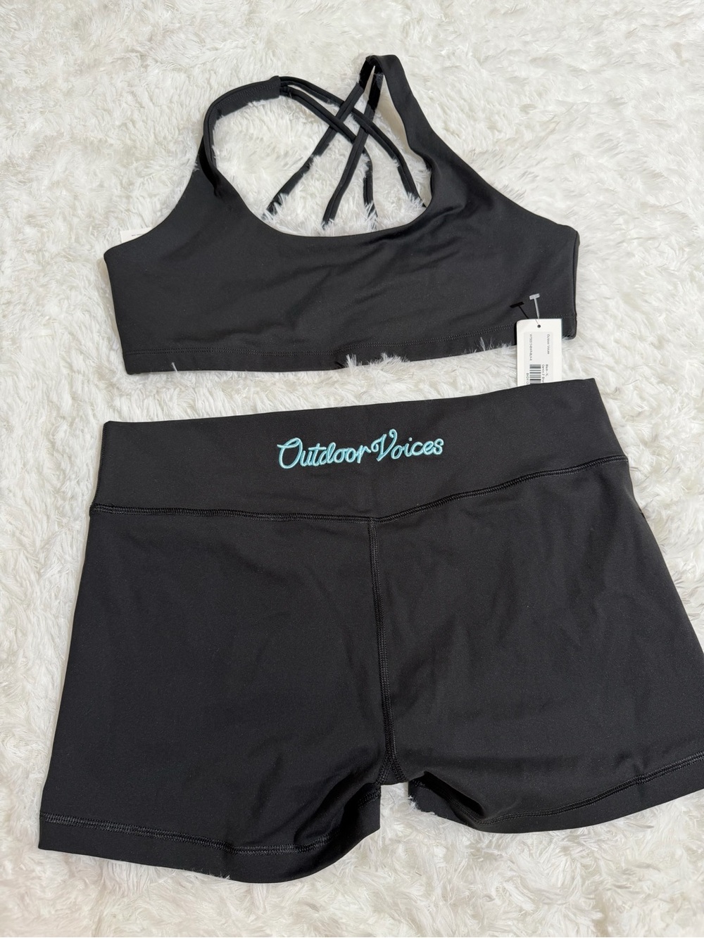 NWT Outdoor Voices XL Black Women's Matching Workout Set Sports Bra Mini Shorts